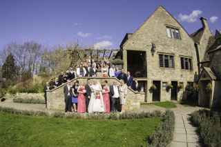 Group photo with all guests at wedding at frogmill in at Andoversford Cheltenham